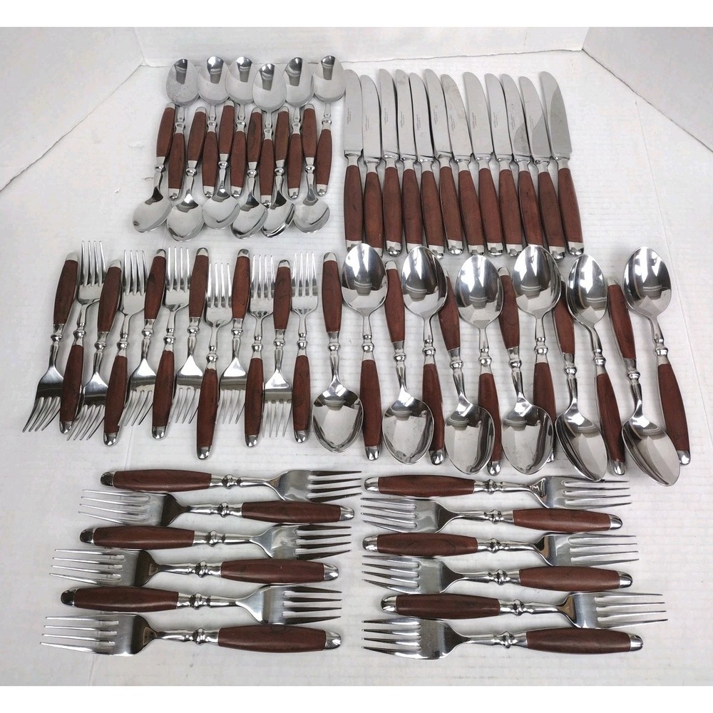 Hampton Silversmiths Set of 60 STAINLESS STEEL FLATWARE Faux Wooden Handles #017